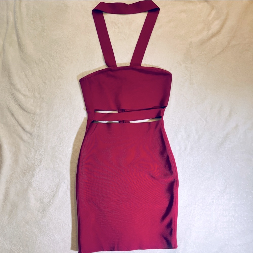 Burgundy Halter Bandage Cut Out Dress